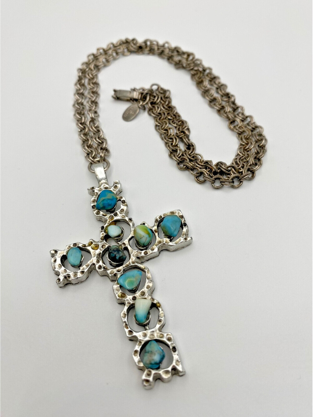 Vintage Paradise Signed Southwestern Turquoise Cross Necklace Brutalist Pendant